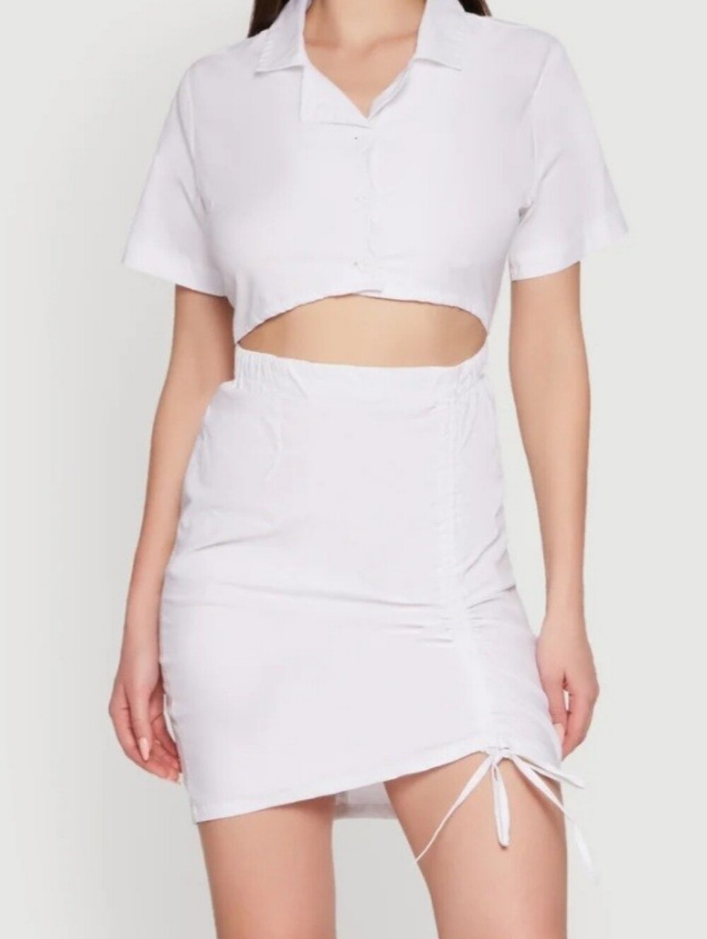 White Cropped Shirt + Ruched Side Tie Mini Dress Size Large